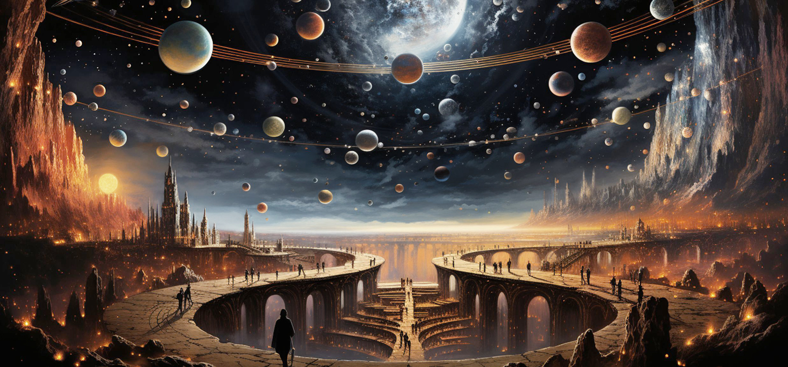 Cosmic architecture showing layered realities and planetary worlds